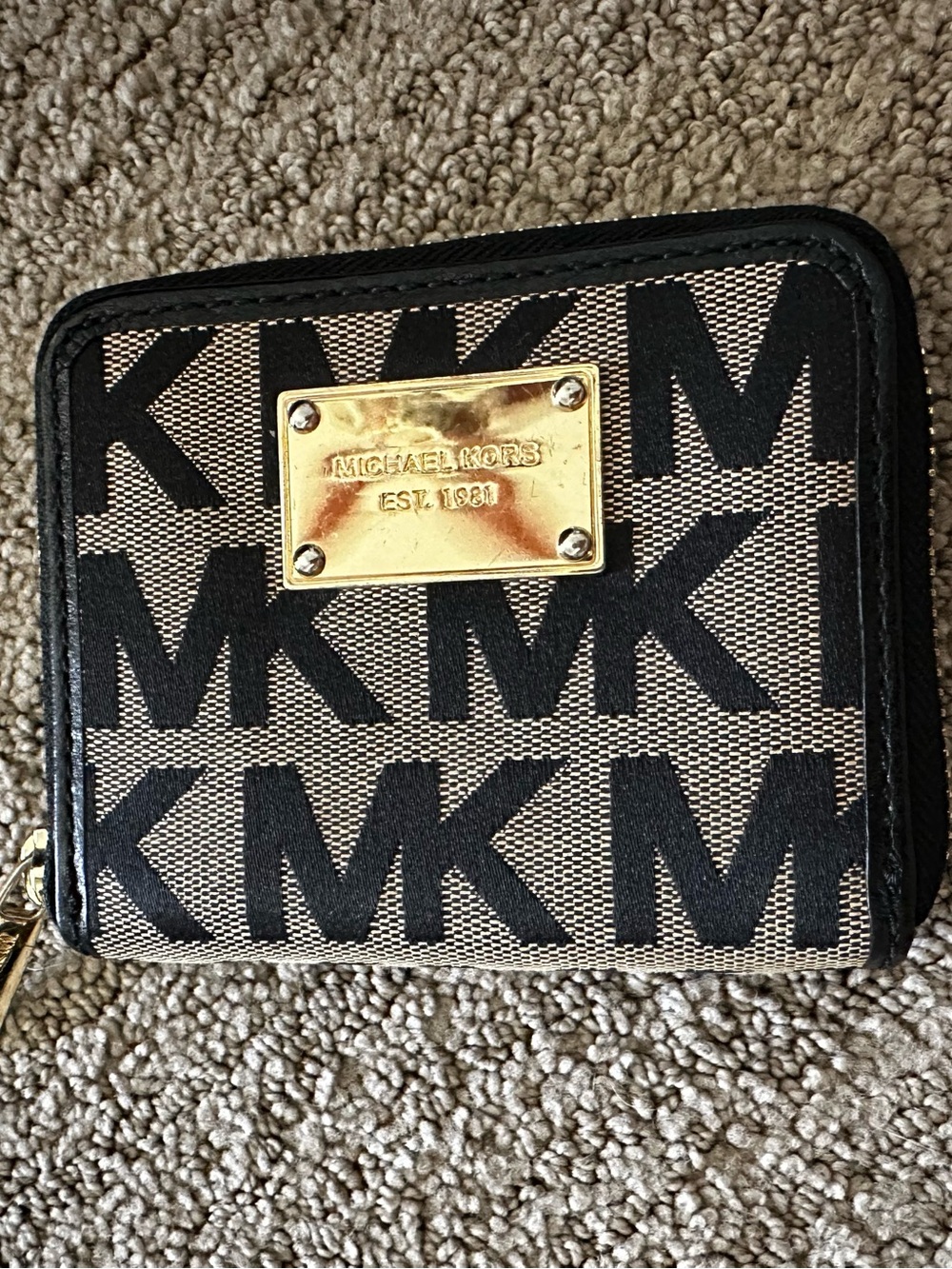 Michael Kors Black and Beige MK Logo Zip-Around Wallet with Gold Plaque